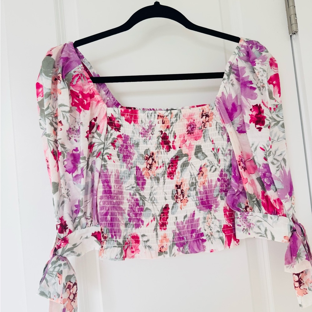Express Floral Smocked Blouse - Pink and Purple blouse and skirt